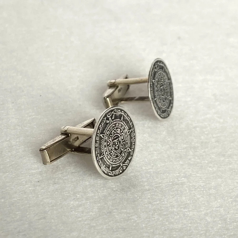 VTG Taxco Mexico Sterling Silver 925 Alpaca Aztec Mayan Calendar CuffLinks